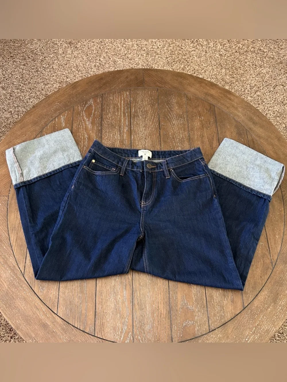 Kate Spade New York Denim Cropped Wide Leg Jeans Cuffed Dark Wash Size 6